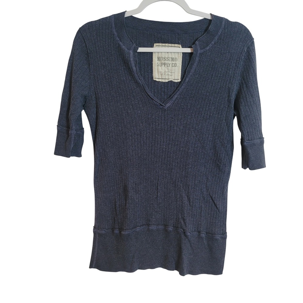 Mossimo Y2K Womens XXL Blue Ribbed Knit Split V-Neck Elbow Sleeve Top Preppy